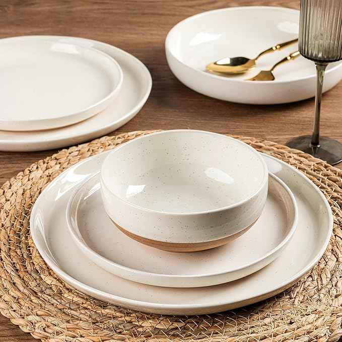AmorArc Ceramic Dinnerware Sets with Pasta Bowls for 8, Handpainted Plates and Bowls Set with Rustic Terracotta Underside, Scratch Resistant Dishes Set, Dishwasher & Microwave Safe, 32 Pcs
