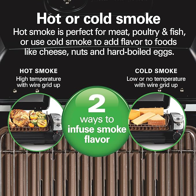 Hamilton Beach Electric Indoor Grill with Hot and Cold Smoke Infuser, 150°F - 450°F Temperature Control For Searing, Vented Hood and Fan, 116 Sq. In. Non-Stick Cooking Surface, Black (25375)