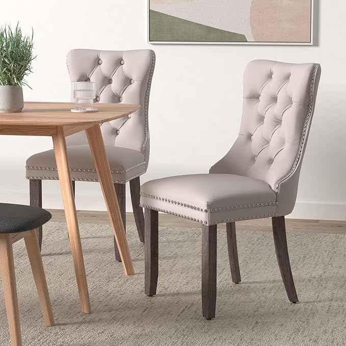 Beige Velvet Dining Chairs Set of 4, Upholstered Dining Room Chairs with Back Ring Pull Trim and Solid Wood Legs, Tufted Wingback Kitchen Chairs for Dining Room,Living Room,Kitchen(Beige)