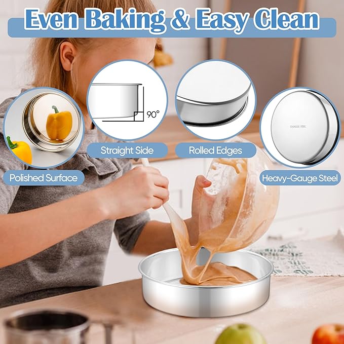 E-far 8 Inch Cake Pan Set of 2, Stainless Steel Round Baking Pans Tins Mold - Non-Toxic & Leak-Proof for Birthday Wedding Layer Tiered Cake, Easy Clean & Dishwasher Safe