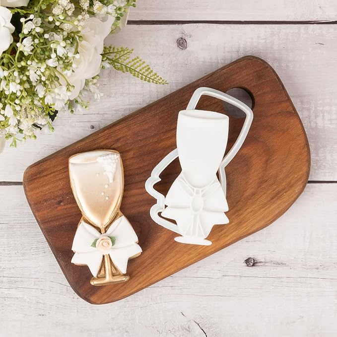 Flycalf Wedding Cookie Cutter with Plunger Stamps Handle Champagne Glass Bridal Shower Holiday PLA Cake Baking Cutter Molds Gifts for Kids Decorative 3.5" Kitchen Cake Supplies