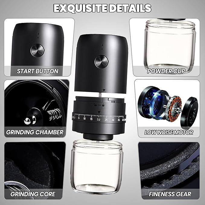 Portable Electric Coffee Bean Grinder with 40 Adjustable Settings, Small Espresso Grinder Rechargeable Burr Coffee Grinder with Multiple Grinding Settings for Travel, Camping, Home & Office.