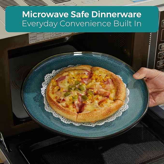 24 Piece Stoneware Dinnerware Set for 8, Reactive Glaze Plates and Bowls Sets | Designed for Holiday Dinners, Thanksgiving, Party Hosting | Durable Irregular Coastal Design, Green Black