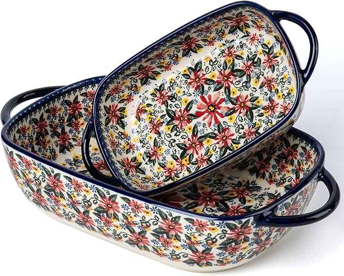 Baking Dish Ceramic Baking Pan Blue Casserole Dish Rectangular Baking Set 2pcs Bakeware Sets Single Serving Size Lasagna Pan Baking Dishes for oven (Exotic Daisy)