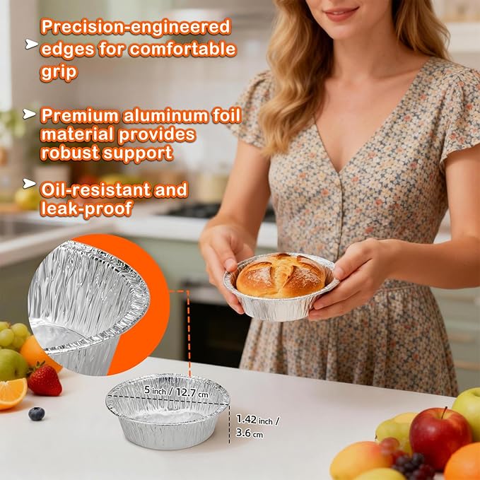 100 Pack Mini Pie Pans, 5in Pie Tins, Disposable Aluminum Round Foil Tart, Aluminum Foil Pans, Easily Stack & Store for Baking, Cooking, Storage or Reheating