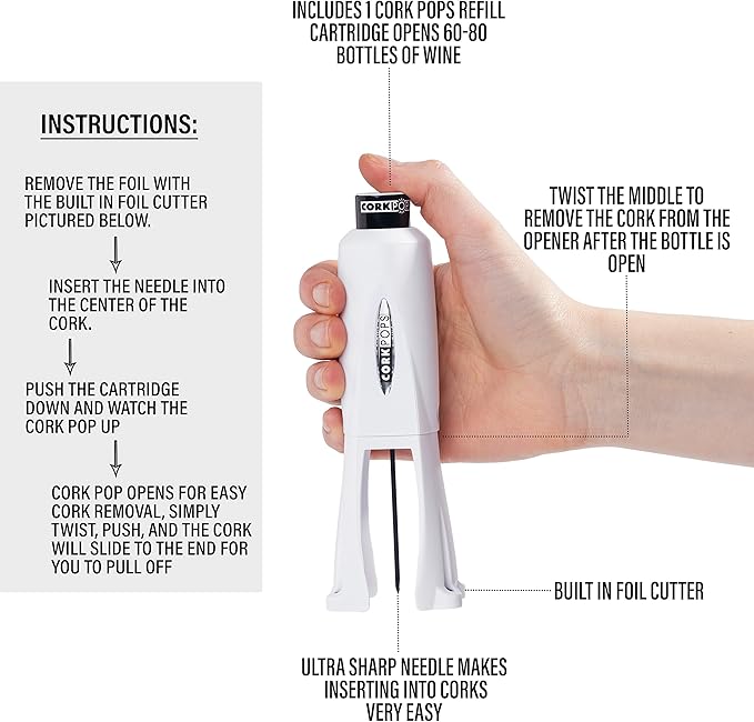 Cork Pops Legacy Wine Opener Built-in 4-Blade Foil Cutter Safe Cork Removal, Effortless Push Button Use, Needle Guard for Safety, Low-Pressure Cartridge Opens Up To 60 (White, With 1 Cartridge)
