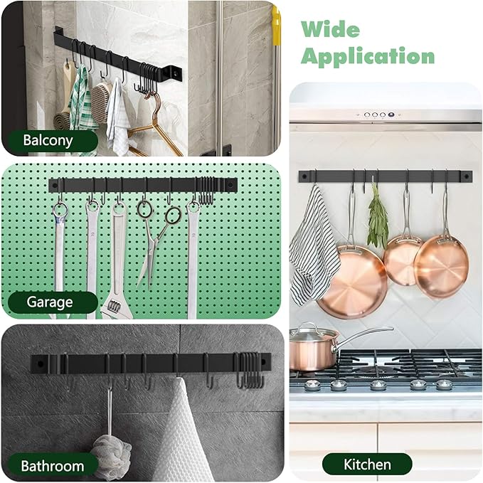 Housolution Kitchen Rail with 15 Hooks, 16 Inch Wall Mounted Hanging Utensil Rack Kitchen Utensil Hanger for Kitchen, 1 Pack, Black