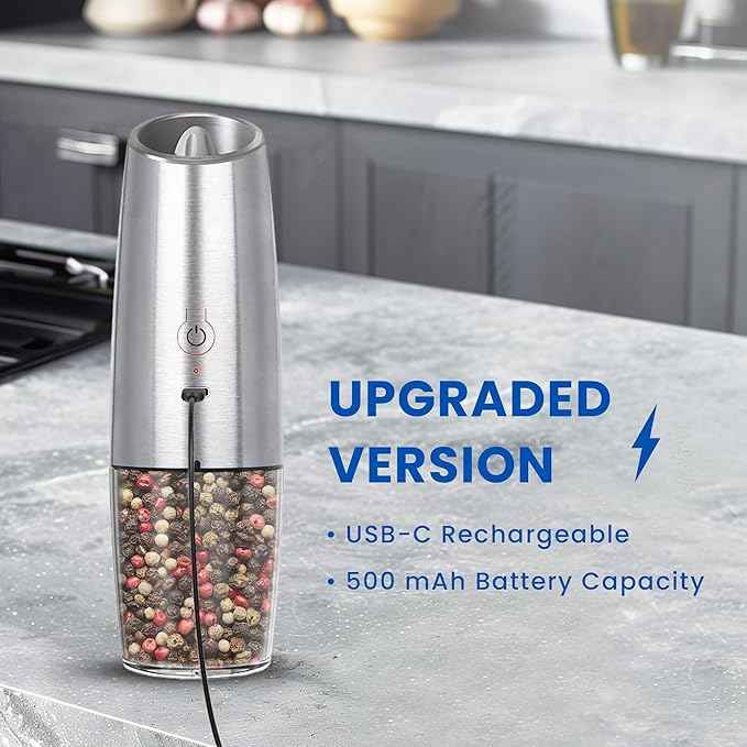 Rechargeable Electric Salt and Pepper Grinder set of 2, gravity electric salt and pepper grinder set, Adjustable Roughness, LED Light, 2 Pack, (Silver)