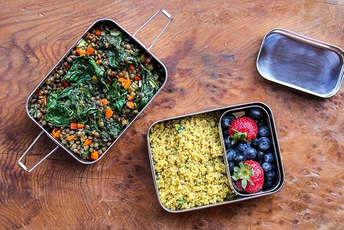 ECOlunchbox Three-in-One Stainless Steel Bento Box (31oz) – 3 Piece Nesting Lunch Container with Snack Pod – Plastic Free, Non Toxic, Dishwasher Safe, Not Leak-Proof