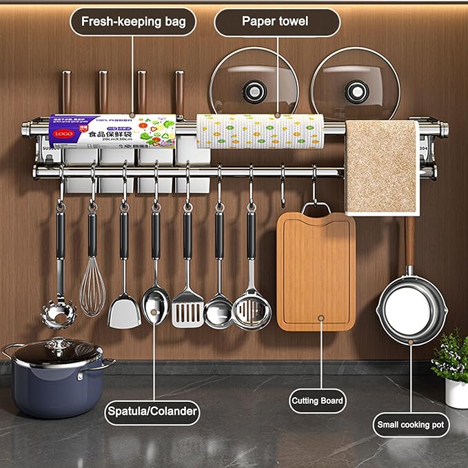 Silver 40CM+8Hook Modern Kitchen Utensil Hanger, Space-Saving Wall Mount Knife Wall Mount, Kitchen Storage Shelf with Hooks, Easy to Clean