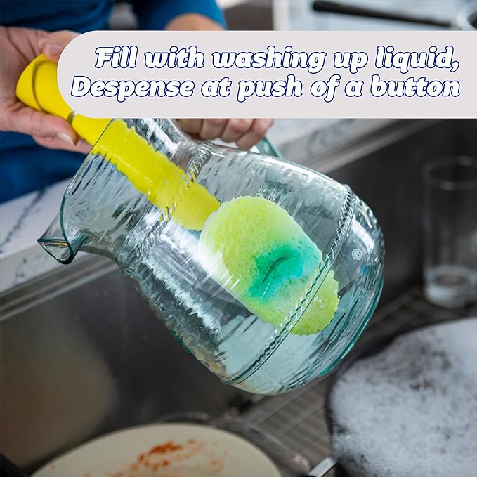 Scrub Daddy Dish Daddy Wand, Refill Heads, Sponge & Connector Head, Soap Dispensing Dish Brush, Texture Changing Washing Up Sponge with Liquid Handle, Built-in Scraper & Scrubbing Head - Yellow