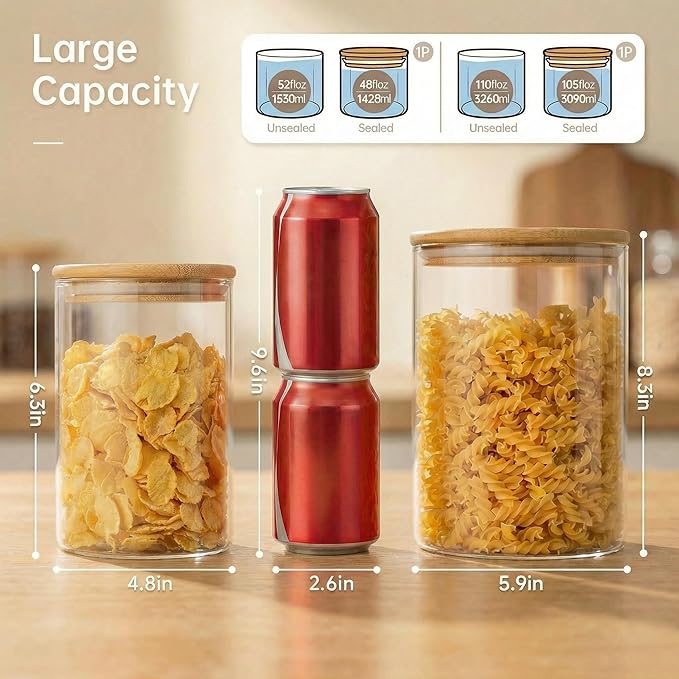 HomArtist Extra Large Glass Flour and Sugar Storage Containers with Airtight lid,105 floz x1 & 48 floz x1 [Set of 2] Big Glass Jars with Bamboo Lids, Air Tight Food Jar for Cereal, Pasta, Rice, Coffee