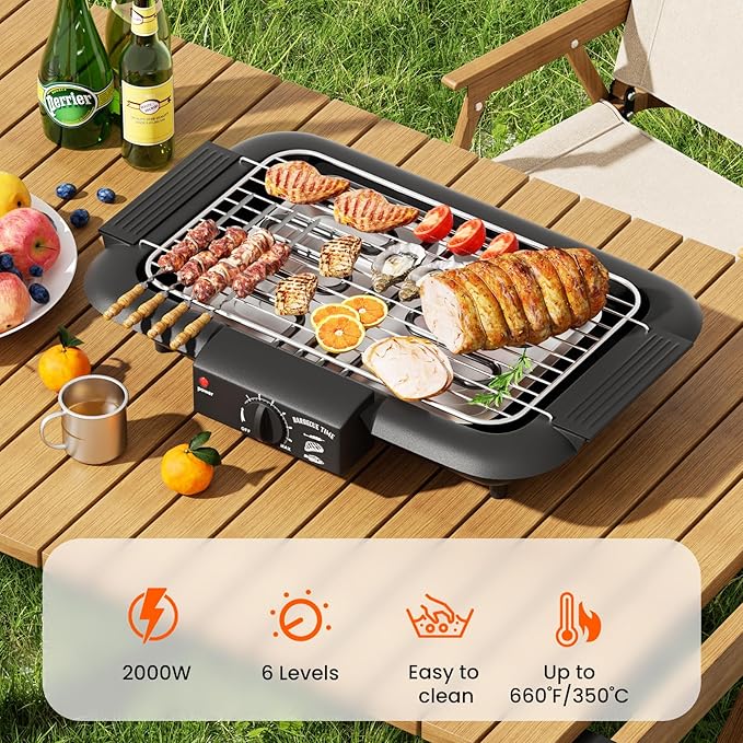 Electric BBQ Grill, Smokeless Non-Stick Indoor/Outdoor Barbecue Grill, 2000W Double tube High Power Portable Removable Stand Grill for BBQ Party (Elegant Black)