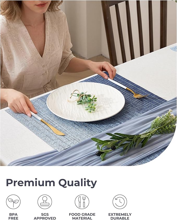 Leetaltree Gradient Blue Woven Placemats Set of 8 - Heat Resistant Non-Slip Place mats for Dining Table, Washable Durable PVC Vinyl Woven Table Mats(Gradient Blue, 8)