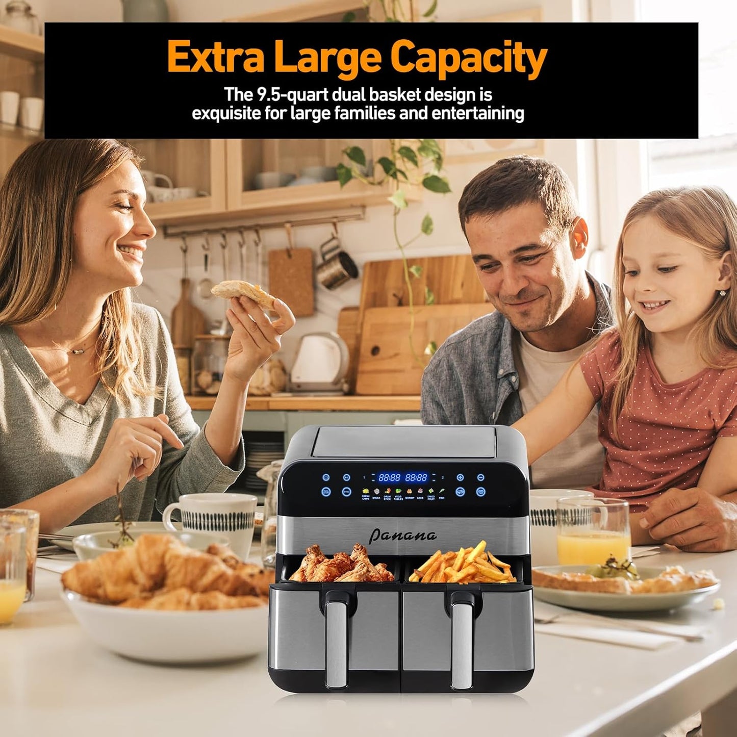 Panana Air Fryer 9.5 Quart Air Fryer with Dual Basket for Quick and Easy Meals, 8 Pre-set Function Air Fryer for Family and Childern, Christmas Gift New Year Gift