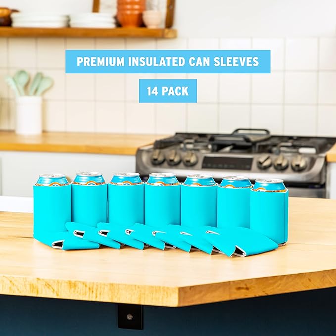 Blank Beer Can Coolers Sleeves (14-Pack) Soft Insulated Beer Can Cooler Sleeves - HTV Friendly Plain Can Sleeves for Beer Cans & Bottles - Blanks for Vinyl Projects & Wedding Favors (Robins Egg Blue)