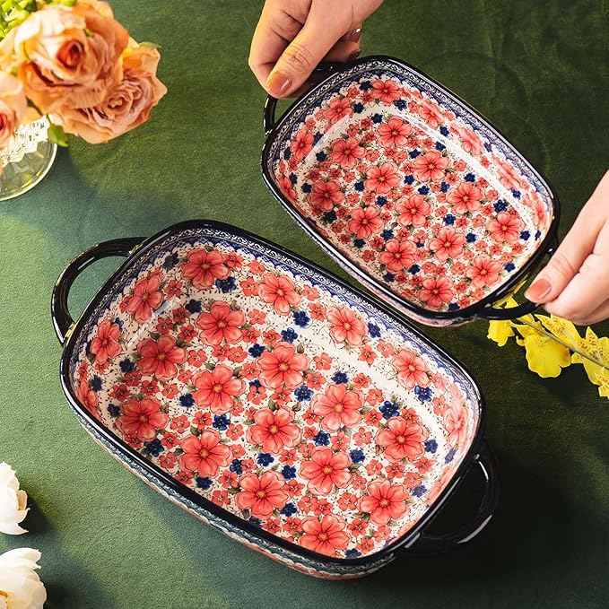 Baking Dish Ceramic Baking Pan Blue Casserole Dish Porcelain rectangular Baking Set 2pcs Bakeware Sets single serving size Lasagna Pan Baking Dishes for oven(Pum flower)
