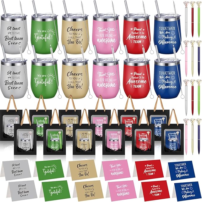 Patelai 60 Pcs 2026 Employee Appreciation Gift Set for Team 12oz Stainless Steel Coffee Mug Colorful Cups with Lid and Straw Pens Card Bags Set for Employees Team Party Supplies