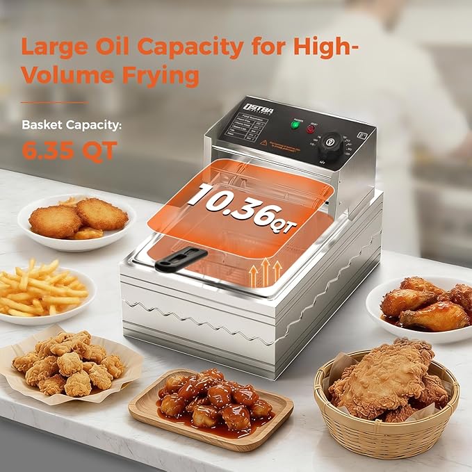 OSTBA Electric Deep Fryer with Basket, 10.36QT Countertop Fryer, 1600W Stainless Steel Commercial Deep Fryer with Adjustable Temperature 140–390℉, Removable Basket & Oil Tank