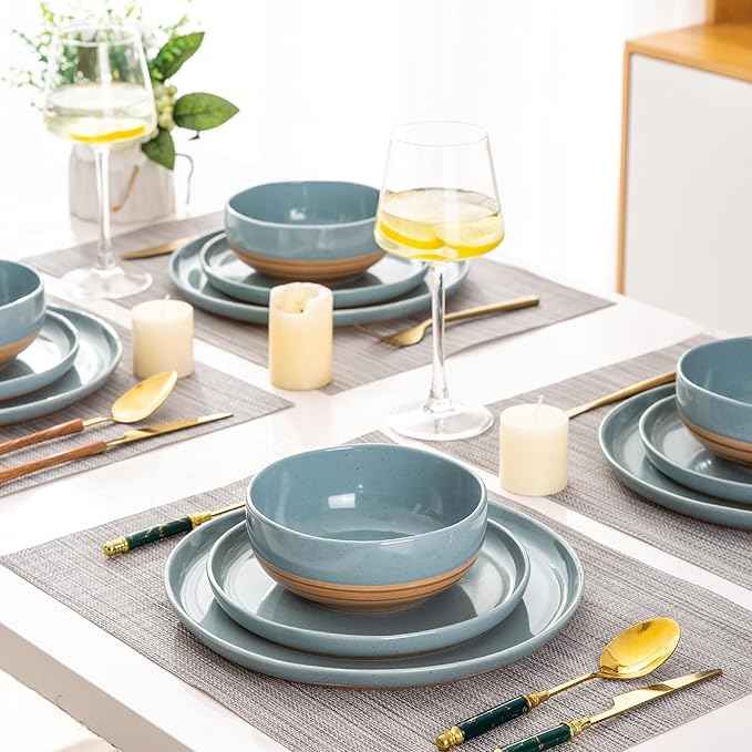 AmorArc Ceramic Dinnerware Sets for 8, 24 Pieces Handpainted Plates and Bowls Set with Rustic Terracotta Underside, Scratch Resistant Stoneware Dishes Set, Dishwasher & Microwave Safe, Stone Blue