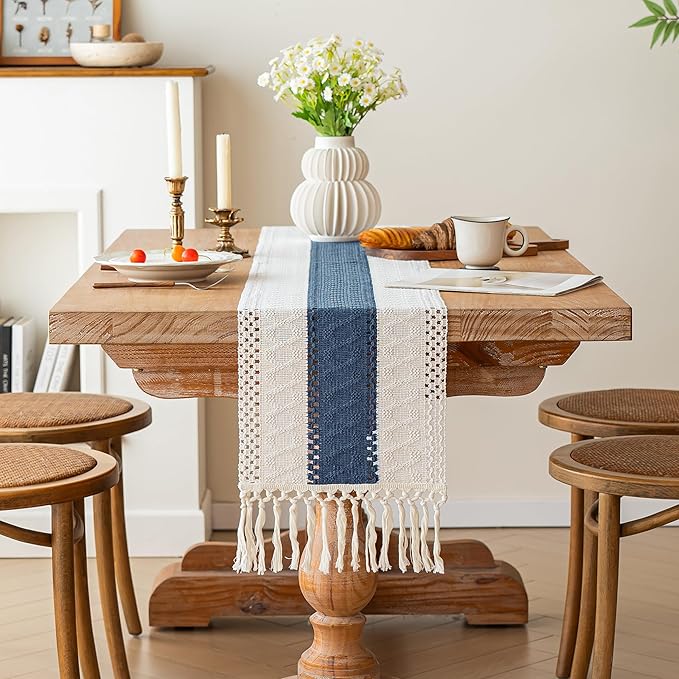 FEXIA Boho Table Runner for Home Decor with Tassels 60 Inches Long,Blue Farmhouse Rustic Table Runner Macrame Burlap Table Decoration for Living Room Bridal Shower(12x60 Inches)