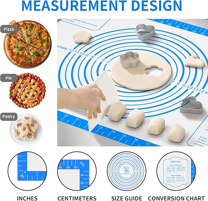 Silicone Pastry Mat for Dough Rolling,Silicone Baking Mat with Measurement for Baking Pie Crust, Pizza & Cookies, Non stick & Non Slip Silicone Mat