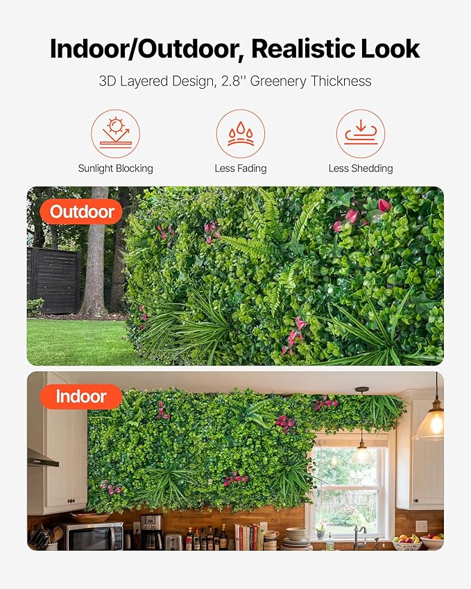 VEVOR Artificial Plant Wall, 12PCS 20 x 20 in Artificial Boxwood Panels, Greenery Backdrop Privacy Hedge Fence with Sun Protection, Fake Grass Wall Screen for Wedding, Indoor, Garden，Mixed Leaf