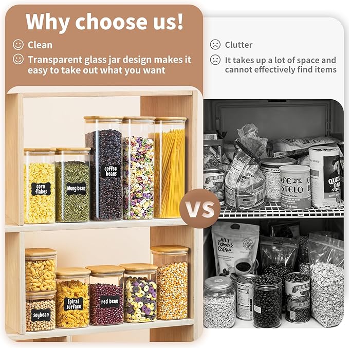 SENTVEND 37 Oz Glass Storage Jars with Bamboo Lids - 6 Pack Clear Glass Canisters Square Airtight Stackable Ideal for Pantry Storage Containers Organizers Great for Storing Oats Coffee Beans Nuts etc