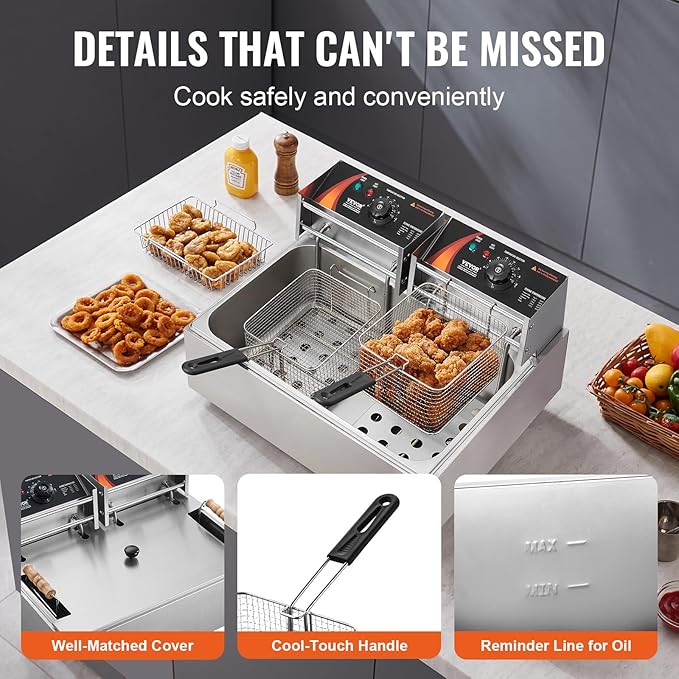 VEVOR Commercial Deep Fryer, 3000W Electric Turkey Fryer with 3 Removable Baskets, Large Capacity 18Qt / 17L Stainless Steel Countertop Single Oil Fryer, for Kitchen Restaurant Use, Silver