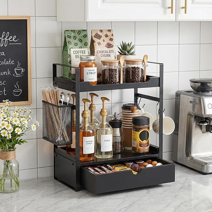 Coffee Station Organizer Countertop, Wooden Coffee Bar Accessories Organizer with Basket, 2 Mug Holder Hooks and Pod Drawer, Multifunctional 2 Tier Countertop Organizer for Kitchen, Bathroom, Office