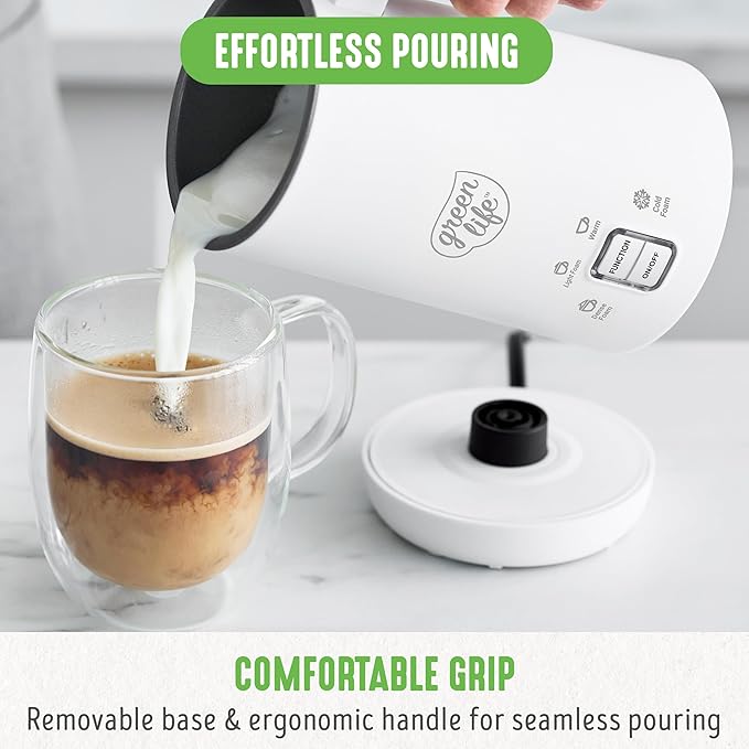 GreenLife Ceramic Electric Milk Frother, 10oz, 4-in-1, Auto Hot and Cold Foam, Dense and Light Foam, PFAS Free, Cordless Milk Warmer and Steamer for Latte, Coffee, White