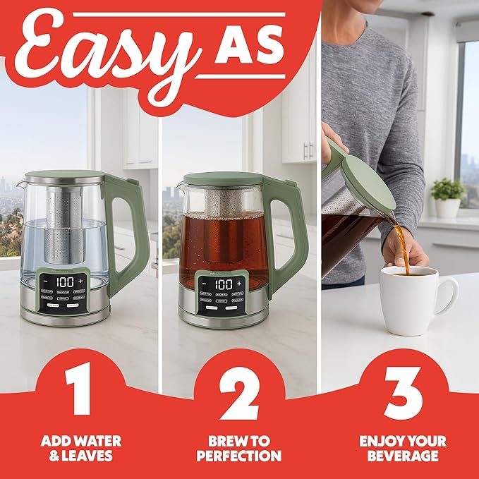 Gourmia Electric Glass Kettle – 1.7L Programmable Tea & Coffee Brewer with Digital Touch Display, 6 Presets, Removable Stainless Steel Infuser, Cordless with 360° Swivel Base, Green