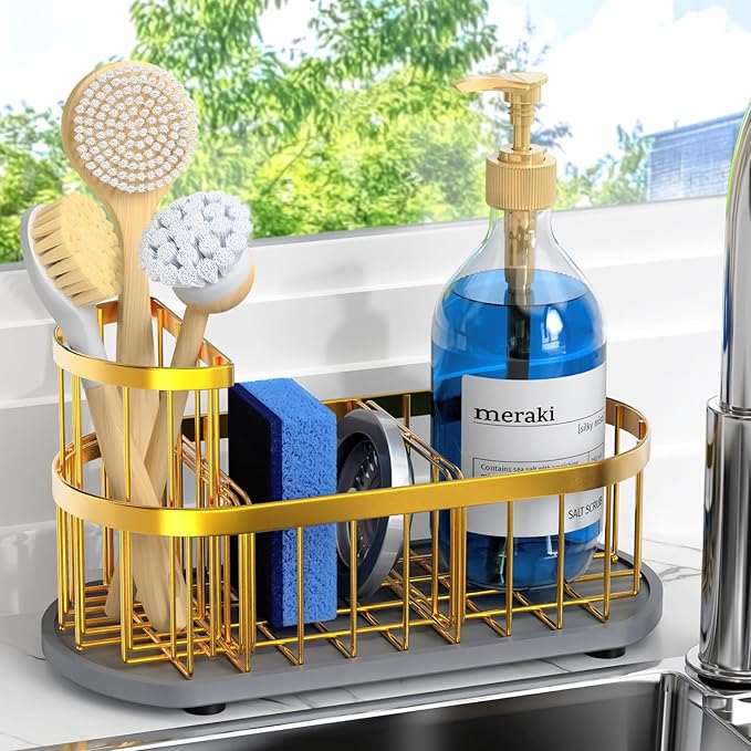Sponge Holder for Kitchen Sink with High Brush Holder, [Stay-Dry Anywhere & No Drainage Needed] Rustproof Stainless Steel Kitchen Sink Caddy Organizer with Water Absorbing Stone Tray, Gold
