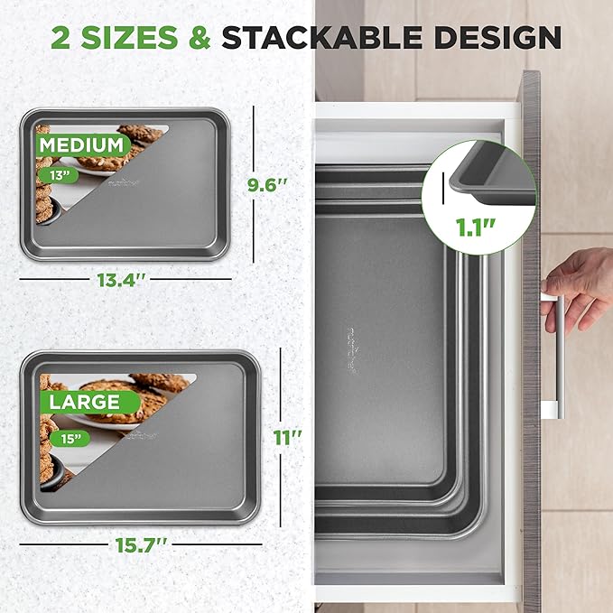 NutriChef 2-Piece Nonstick Cookie Sheet Baking Pan Set - Premium Bake Trays w/ Sleek Non-Stick Coating PFOA, PFOS, & PTFE Free - Large (15"x11") & Medium (13"x9") - Dishwasher Safe