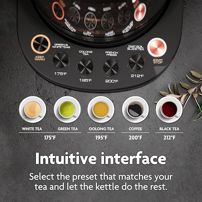Vianté Electric Kettle With Infuser. No Plastic In Contact With Water. Hot Tea Maker With Temperature Control And Automatic Shut Off 1.5 Liters Capacity | Black Color