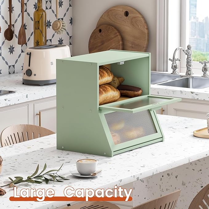 GHWIE Double Layer Bamboo Bread Box for Kitchen Counter,Large Capacity Bread Storage Bin,Bread Container with Acrylic Wavy Door Panel (Light Green, Extra Large)