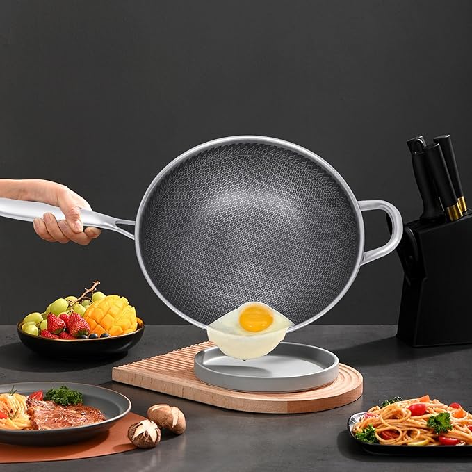 12Inch Woks & Stir-fry Pans Nonstick, Wok Pan with Glass Lid: Pre-Seasoned Flat Bottom Chinese Wok for Induction, Electric, Gas, All Stoves