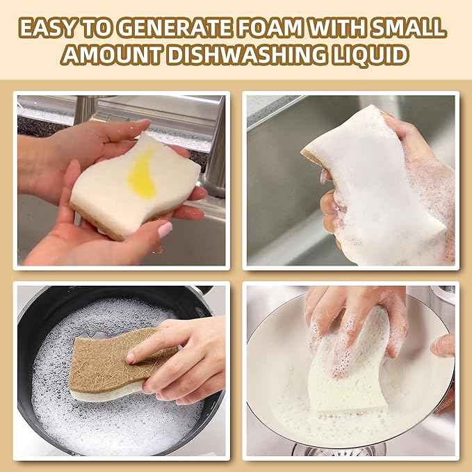 12 Pack Natural Kitchen Sponges, Biodegradable & Compostable | Non-Scratch Cellulose Coconut Fiber Sponges for Dishes, Pots & Pans | Eco-Friendly Cleaning Sponge