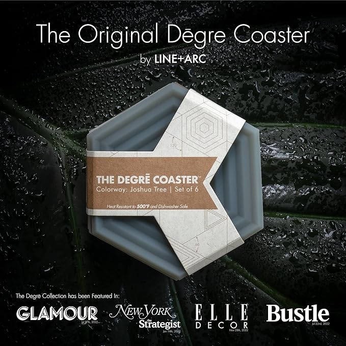 LINE+ARC Extra Thick Silicone Coasters (As Seen in NYTimes WireCutter) Waterproof Anti-Stain Heat-Safe Dishwasher-Safe Degrē Coasters (Set of 6, Indigo Wash) Outdoor Rubber Mid-Century Modern