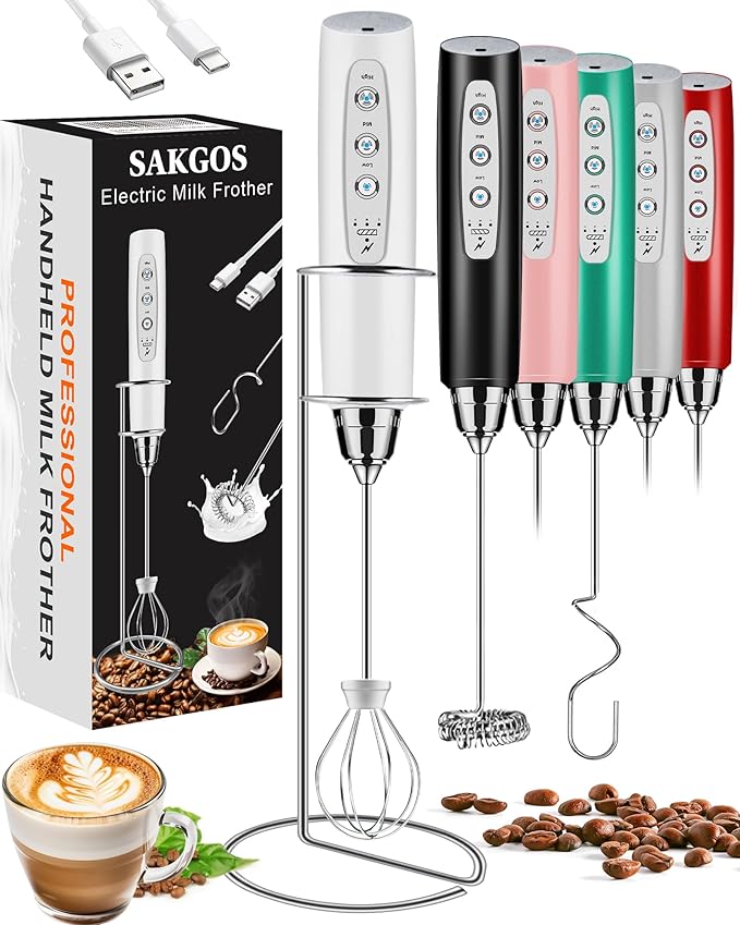 Sakgos Milk Frother with Stand Rechargeable-Handheld Coffee Frother with 3 Stainless Whisks 3 Speed Adjustable, Electric Whisk Drink Mixer, Foam Maker Blender for Matcha Latte Cappuccino Chocolate
