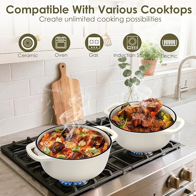 Enameled Cast Iron Dutch Oven Pot With Lid - AIVIKI 5QT Dutch Oven for Bread Baking With Cotton Potholders - Heavy-Duty Cookware for Braising, Stew, Roasting, Oven Safe up to 500°F, Cream White