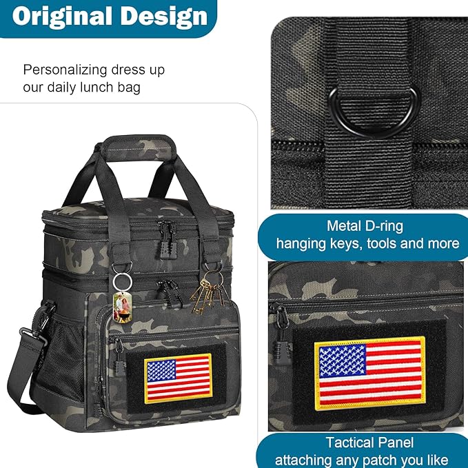 GLENKEY Tactical Lunch Box Cooler Bag - Expandable Insulated Lunch Bag for Men Women - Large Lunchbox for Adults Work Shifts Outdoor Trips Black Camo 16L