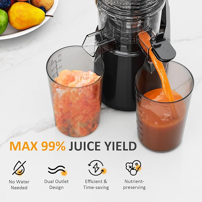 Sunvivi Cold Press Juicer with 5.9" Wide Feed Chute, 250W Slow Masticating Juicer Machines Fit Whole Vegetables & Fruits, Easy to Clean, Dual-Layer Strainer, High Yield Juicer for Home, Black