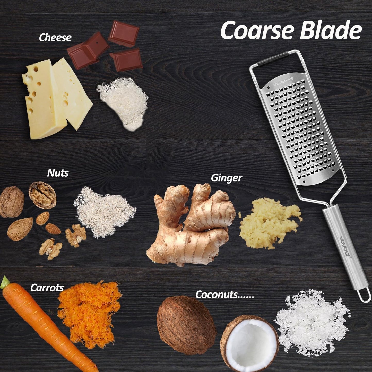 Professional Zester Grater Coarse for Cheese, Carrot, Ginger, Coconut, Nuts and Horseradish, Kitchen grater with Razor-Sharp Stainless Steel Blade (Coarse)