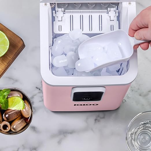 Igloo Portable Ice Maker with Scoop & Basket - Ice Maker with LED Control Panel & 1 Quart Water Tank- Ice Cube Maker Produces 26 Lbs Of Ice In 24 Hours with 8 Large or Small Cubes In 7-8 Minutes- Pink