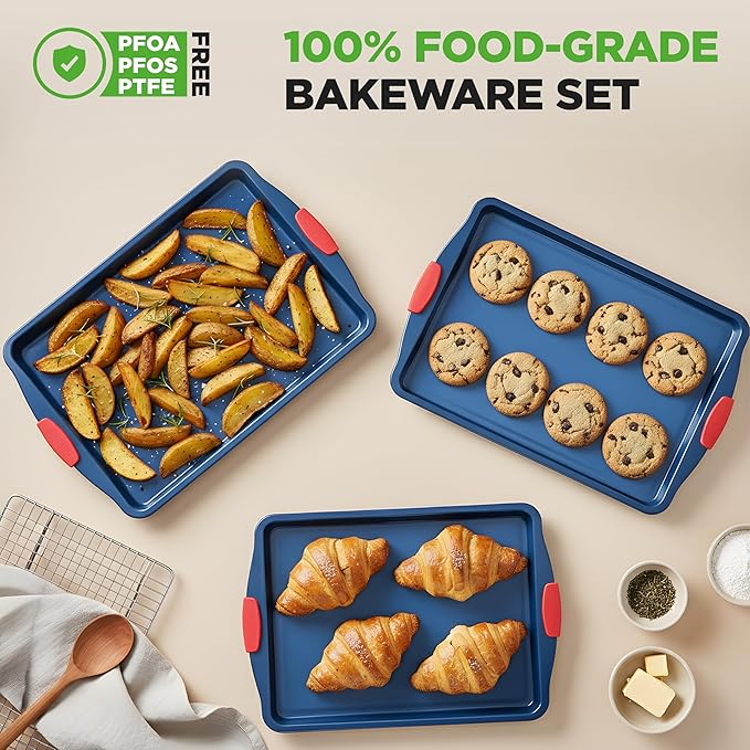 NutriChef 3-Piece Nonstick Cookie Sheets for Baking - Premium Carbon Steel Baking Trays w/ Non-Stick Smooth Coating & Silicone Handles - Large, Medium, & Small Bakeware - Blue