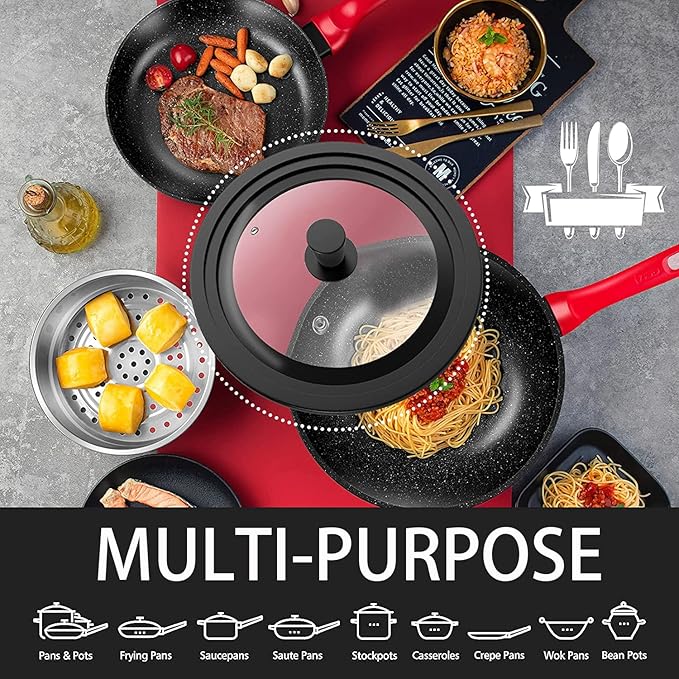 Universal Lid for Pots, Pans and Skillets - Tempered Glass with Heat Resistant Silicone Rim and Heat Resistant Handle Fits 9.5", 10.5" and 11" Diameter Cookware, Black