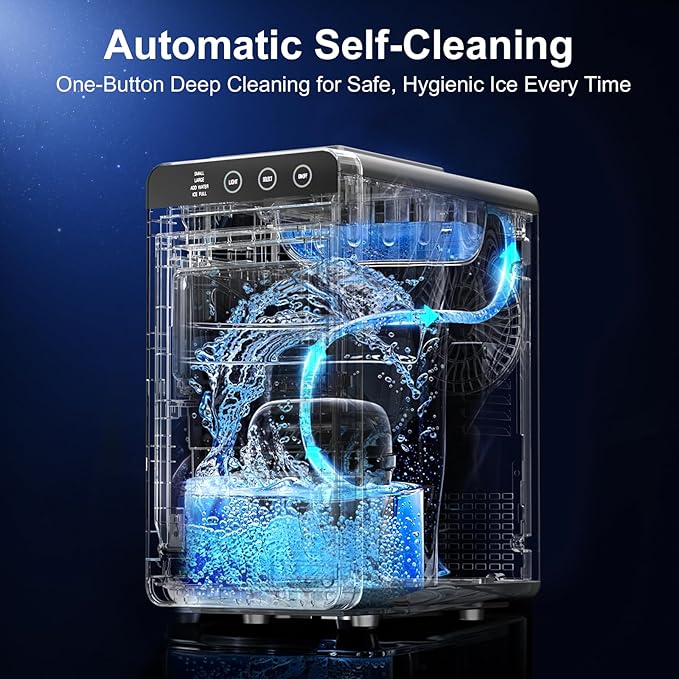 Kismile Countertop Ice Maker, 8 Bullet Cubes in 6 Mins, 26.5lbs in 24Hrs, 2 Ice Sizes, Self-Cleaning Portable Ice Maker with Basket and Scoop, for Home/Office/Camping/RV, Silver