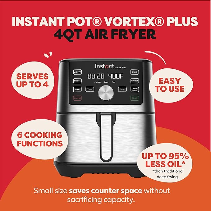Instant Pot 4QT Vortex Plus 6-in-1 Mini Air Fryer, Custom Program Options, Crisps, Broils, Roasts, Dehydrates, Bakes, Reheats, 100+ In-App Recipes, Stainless Steel,4 Quarts