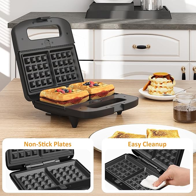 3 in 1 Waffle, Grill & Sandwich Maker, Sandwich Maker Panini Press Waffle Iron Set with Removable Non-Stick Plates & Indicator Lights, Panini Press Grill for Breakfast, 800W, Black